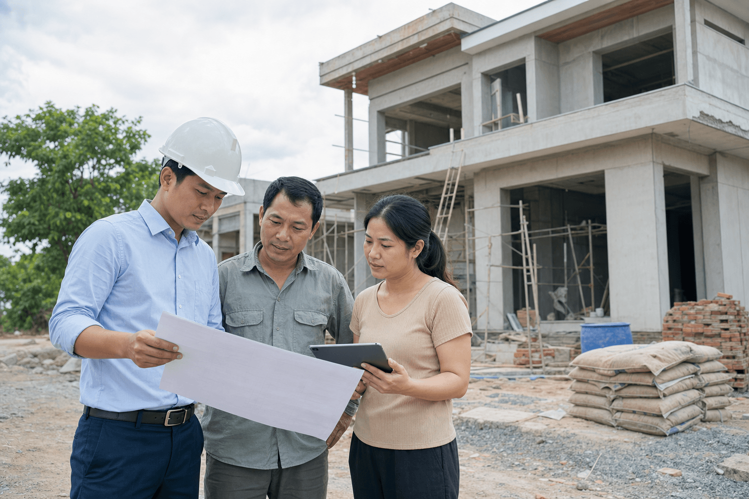 Đội ngũ công trình cùng xem bản vẽ và hồ sơ